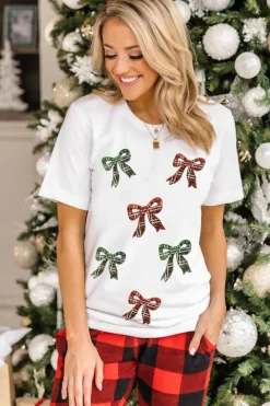 Online Dear-Lover Christmas Bowknot Graphic Cotton Blend T Shirt White