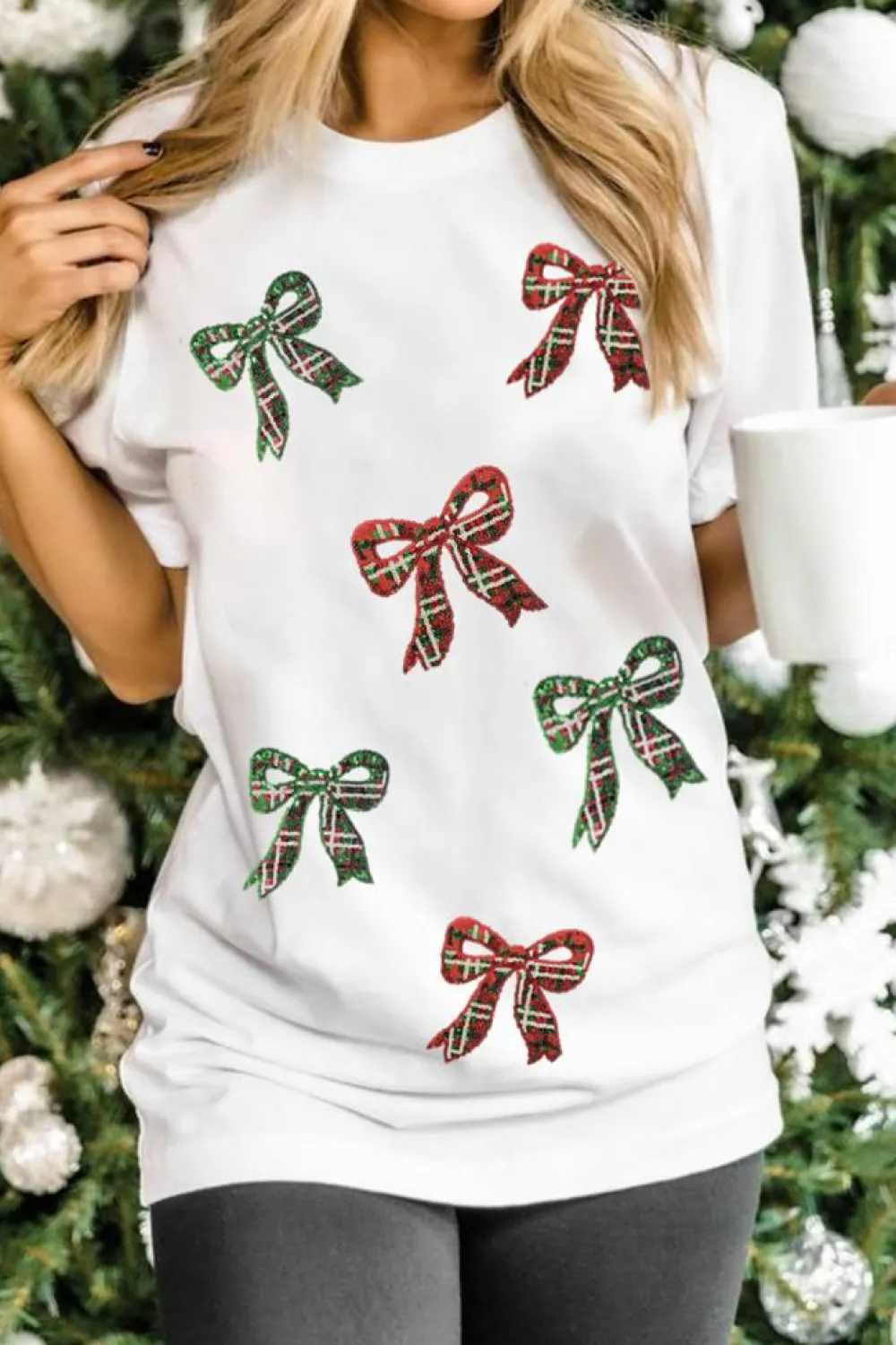 Online Dear-Lover Christmas Bowknot Graphic Cotton Blend T Shirt White