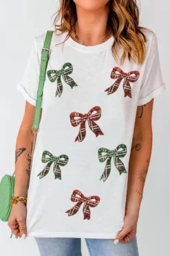 Online Dear-Lover Christmas Bowknot Graphic Cotton Blend T Shirt White