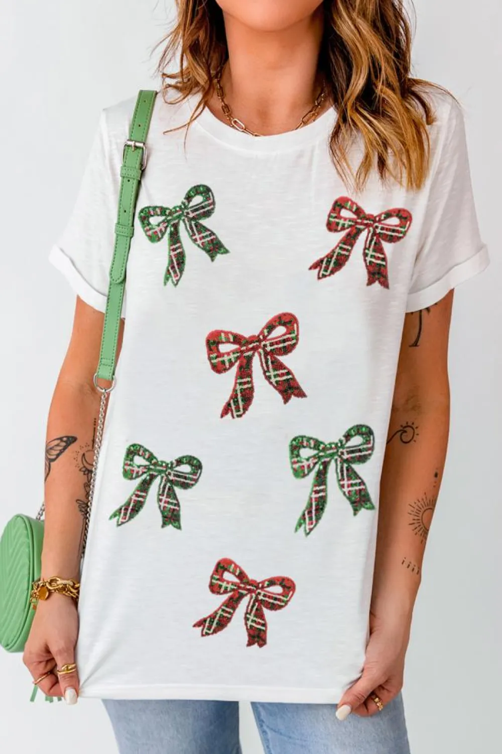 Online Dear-Lover Christmas Bowknot Graphic Cotton Blend T Shirt White