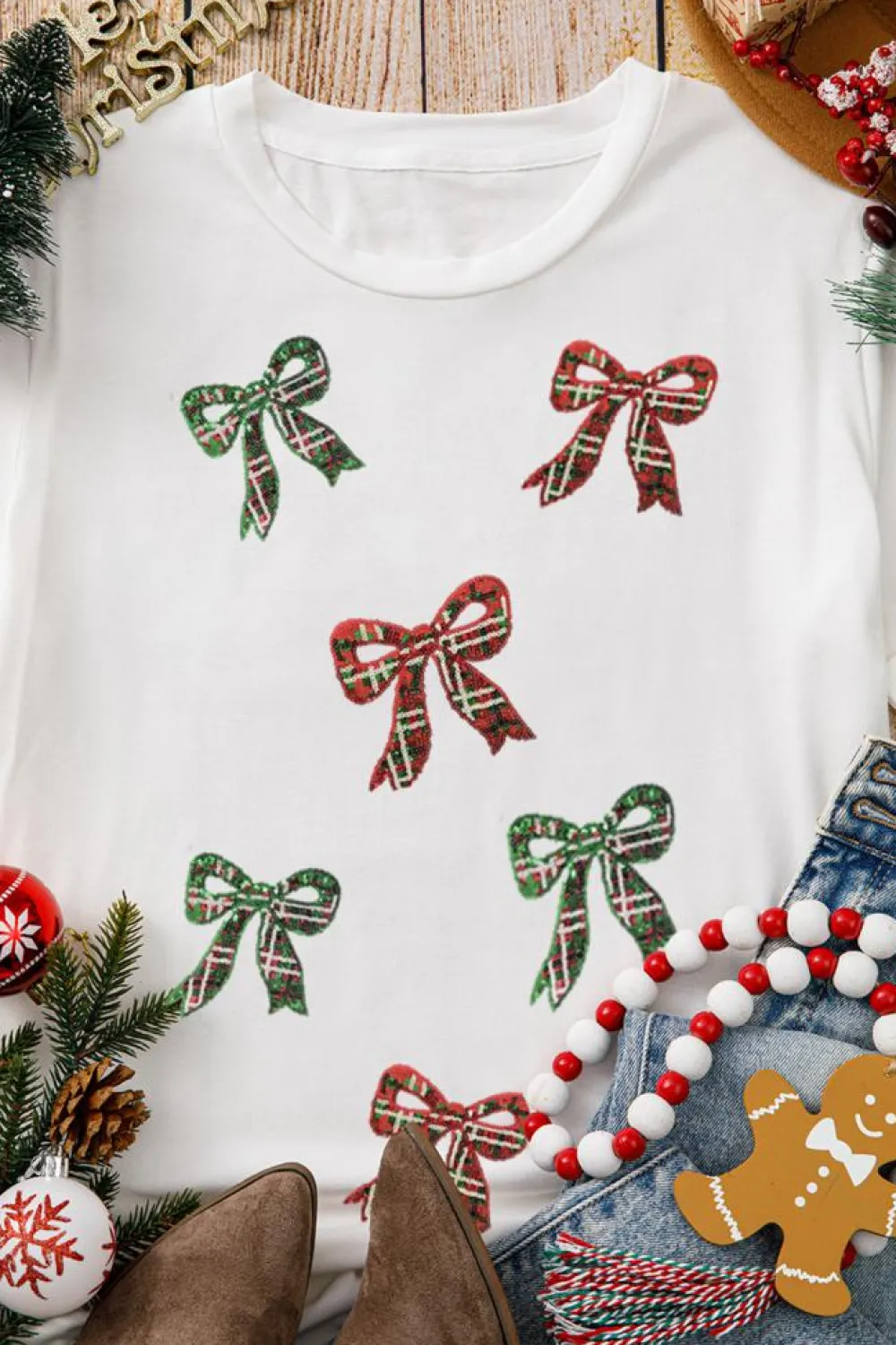 Online Dear-Lover Christmas Bowknot Graphic Cotton Blend T Shirt White