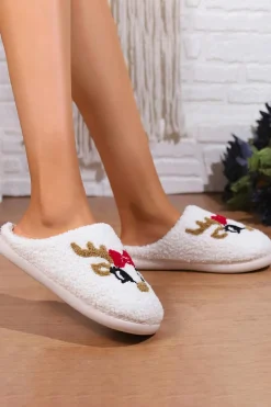 Hot Dear-Lover Christmas Cartoon Pattern Plush Slippers White