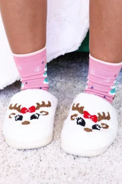 Hot Dear-Lover Christmas Cartoon Pattern Plush Slippers White