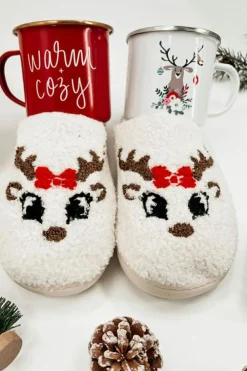 Hot Dear-Lover Christmas Cartoon Pattern Plush Slippers White