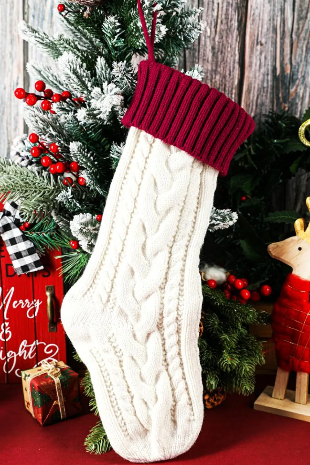 Discount Dear-Lover Christmas Color Block Hanging Stocking Home Decoration White