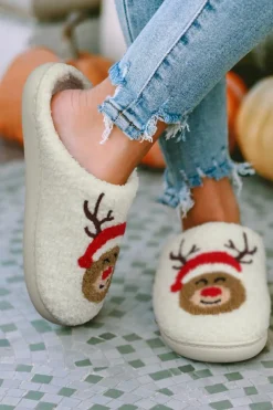 Outlet Dear-Lover Christmas Deer Home Indoor Plush Slippers White
