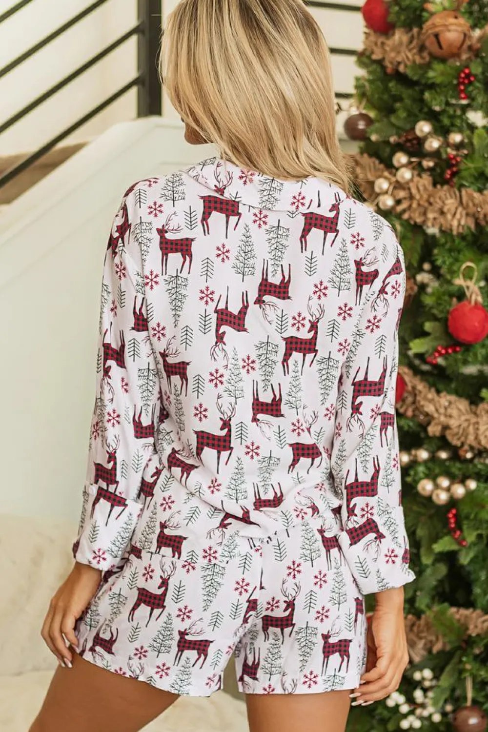 New Dear-Lover Christmas Deer Printed Shirt and Shorts Lounge Set White