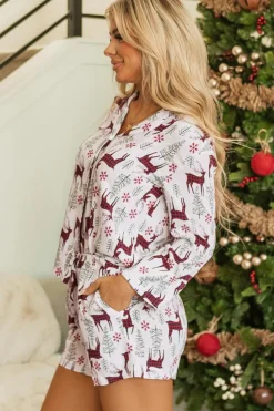 New Dear-Lover Christmas Deer Printed Shirt and Shorts Lounge Set White