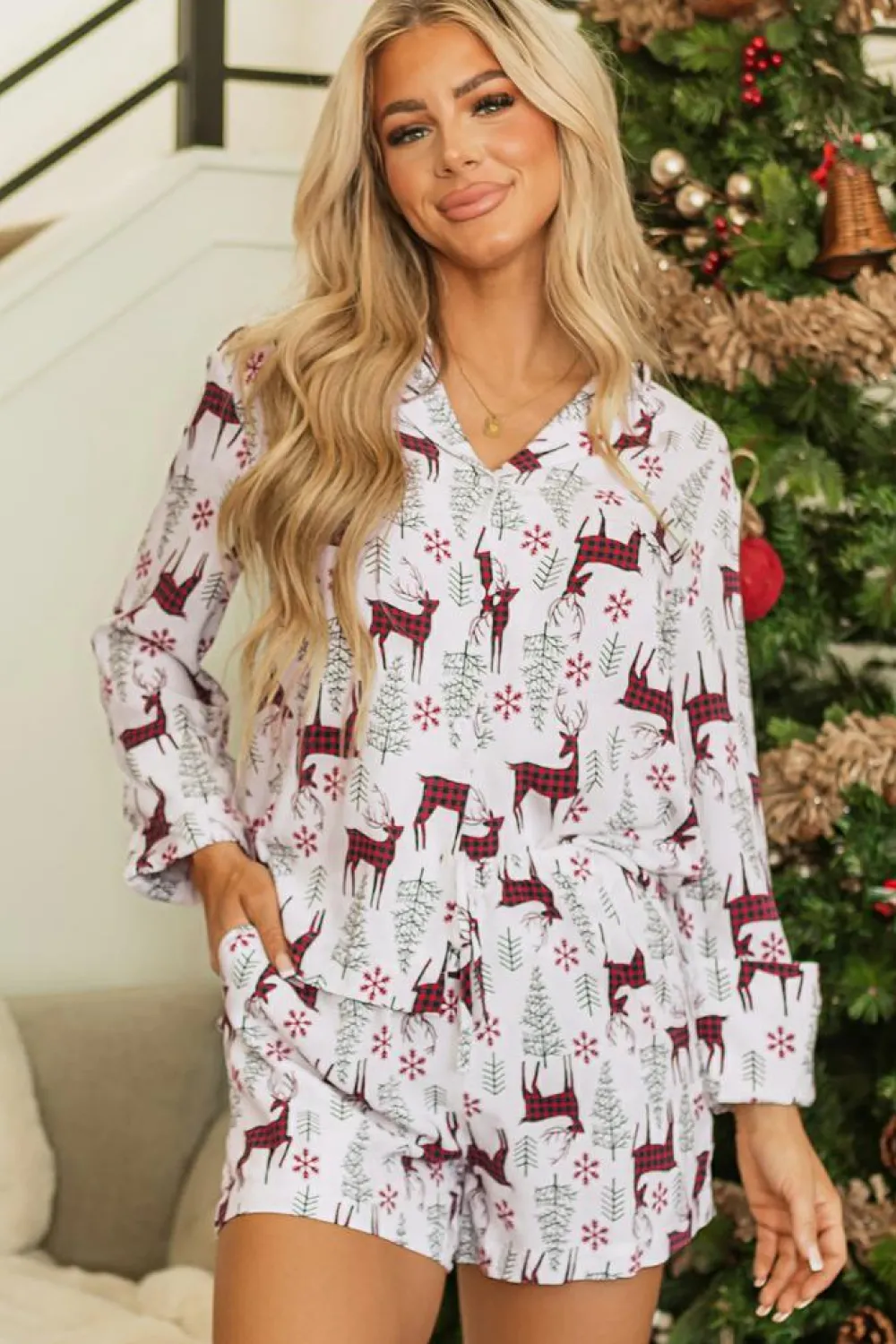New Dear-Lover Christmas Deer Printed Shirt and Shorts Lounge Set White