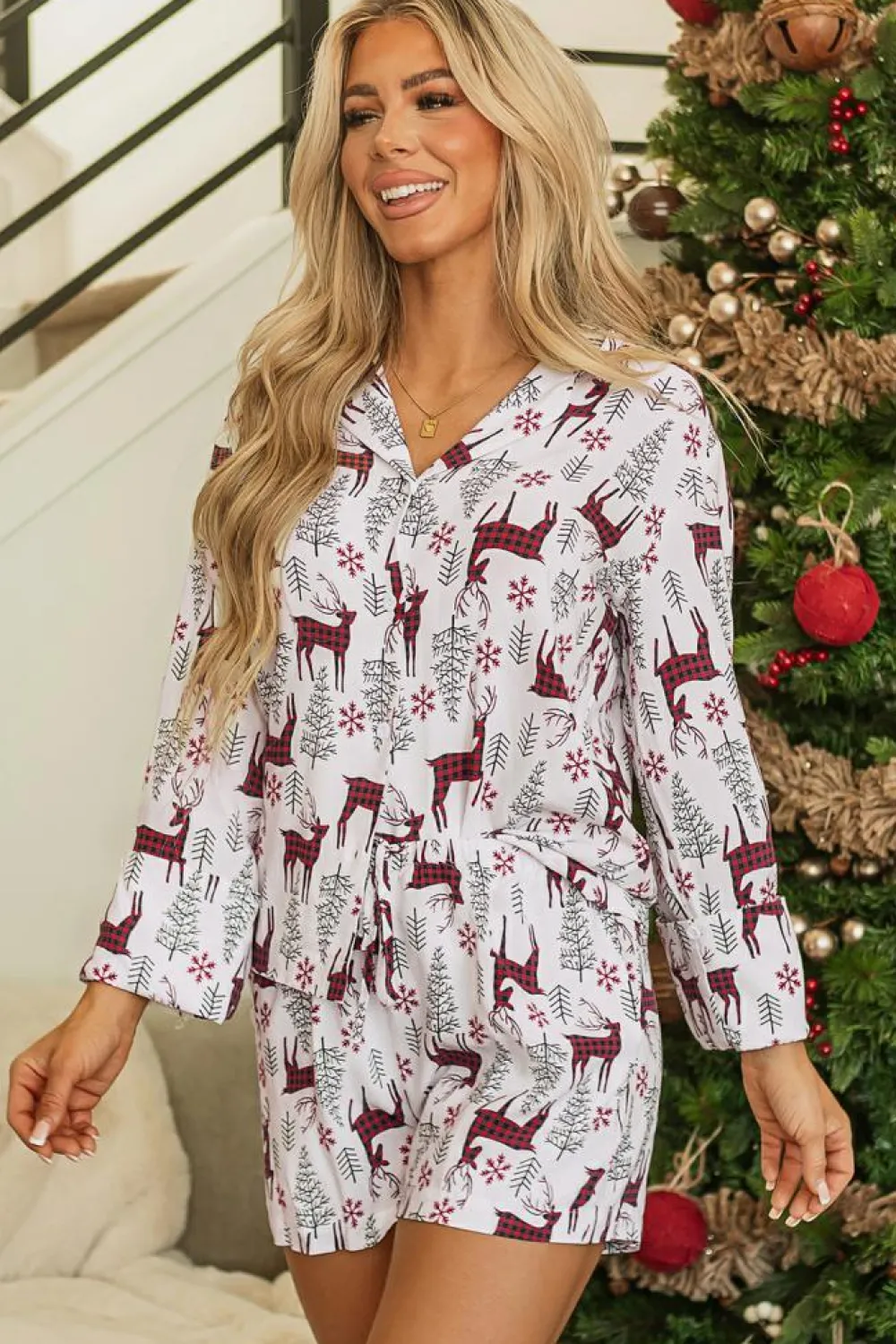 New Dear-Lover Christmas Deer Printed Shirt and Shorts Lounge Set White