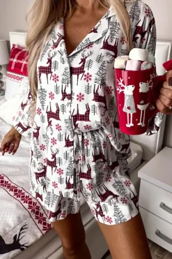 New Dear-Lover Christmas Deer Printed Shirt and Shorts Lounge Set White