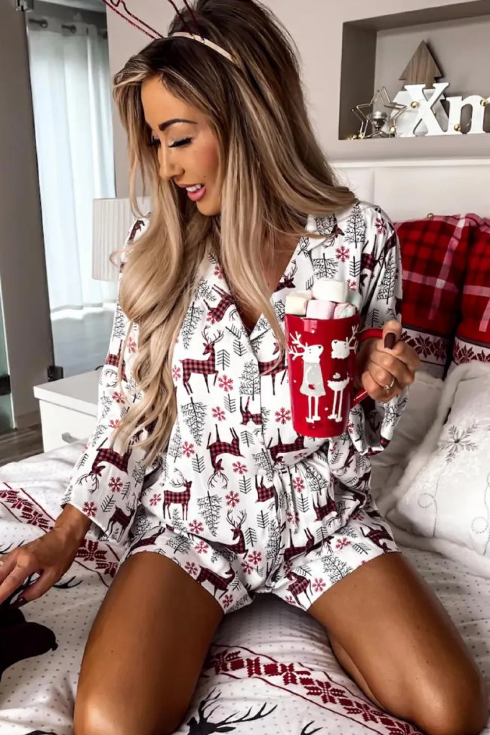 New Dear-Lover Christmas Deer Printed Shirt and Shorts Lounge Set White