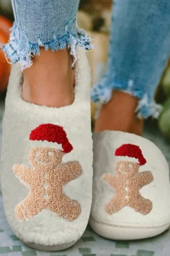 Best Dear-Lover Christmas Gingerbread Man Plush Home Slippers White