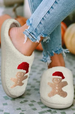Best Dear-Lover Christmas Gingerbread Man Plush Home Slippers White