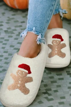Best Dear-Lover Christmas Gingerbread Man Plush Home Slippers White