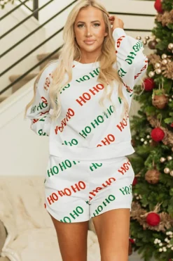 Fashion Dear-Lover Christmas HOHOHO Print Drop Shoulder Pullover and Casual Shorts Set White