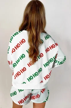 Fashion Dear-Lover Christmas HOHOHO Print Drop Shoulder Pullover and Casual Shorts Set White