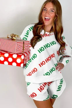 Fashion Dear-Lover Christmas HOHOHO Print Drop Shoulder Pullover and Casual Shorts Set White