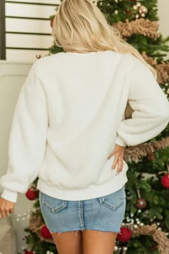 Best Dear-Lover Christmas MERRY & Bright Chenille Graphic Sherpa Sweatshirt White