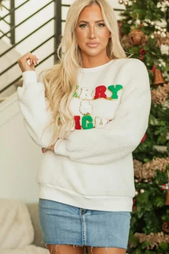 Best Dear-Lover Christmas MERRY & Bright Chenille Graphic Sherpa Sweatshirt White
