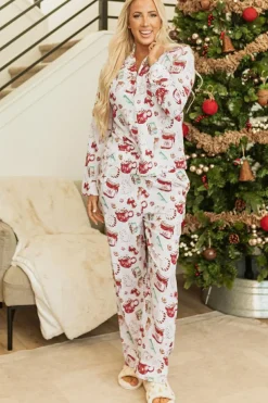 New Dear-Lover Christmas Pattern Long Sleeve Shirt and Pants Pajama Set White