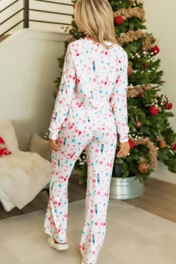 Discount Dear-Lover Christmas Pattern Long Sleeve Top and Wide Leg Pants Set White