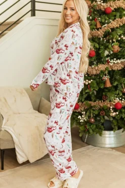 New Dear-Lover Christmas Pattern Long Sleeve Shirt and Pants Pajama Set White