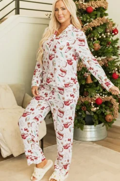 New Dear-Lover Christmas Pattern Long Sleeve Shirt and Pants Pajama Set White