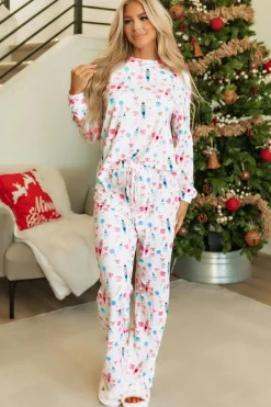 Discount Dear-Lover Christmas Pattern Long Sleeve Top and Wide Leg Pants Set White