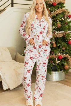 New Dear-Lover Christmas Pattern Long Sleeve Shirt and Pants Pajama Set White
