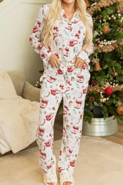 New Dear-Lover Christmas Pattern Long Sleeve Shirt and Pants Pajama Set White