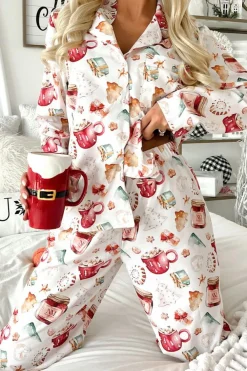 New Dear-Lover Christmas Pattern Long Sleeve Shirt and Pants Pajama Set White