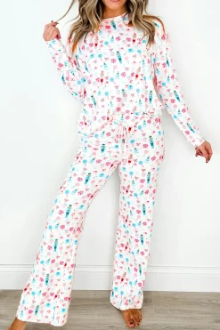 Discount Dear-Lover Christmas Pattern Long Sleeve Top and Wide Leg Pants Set White