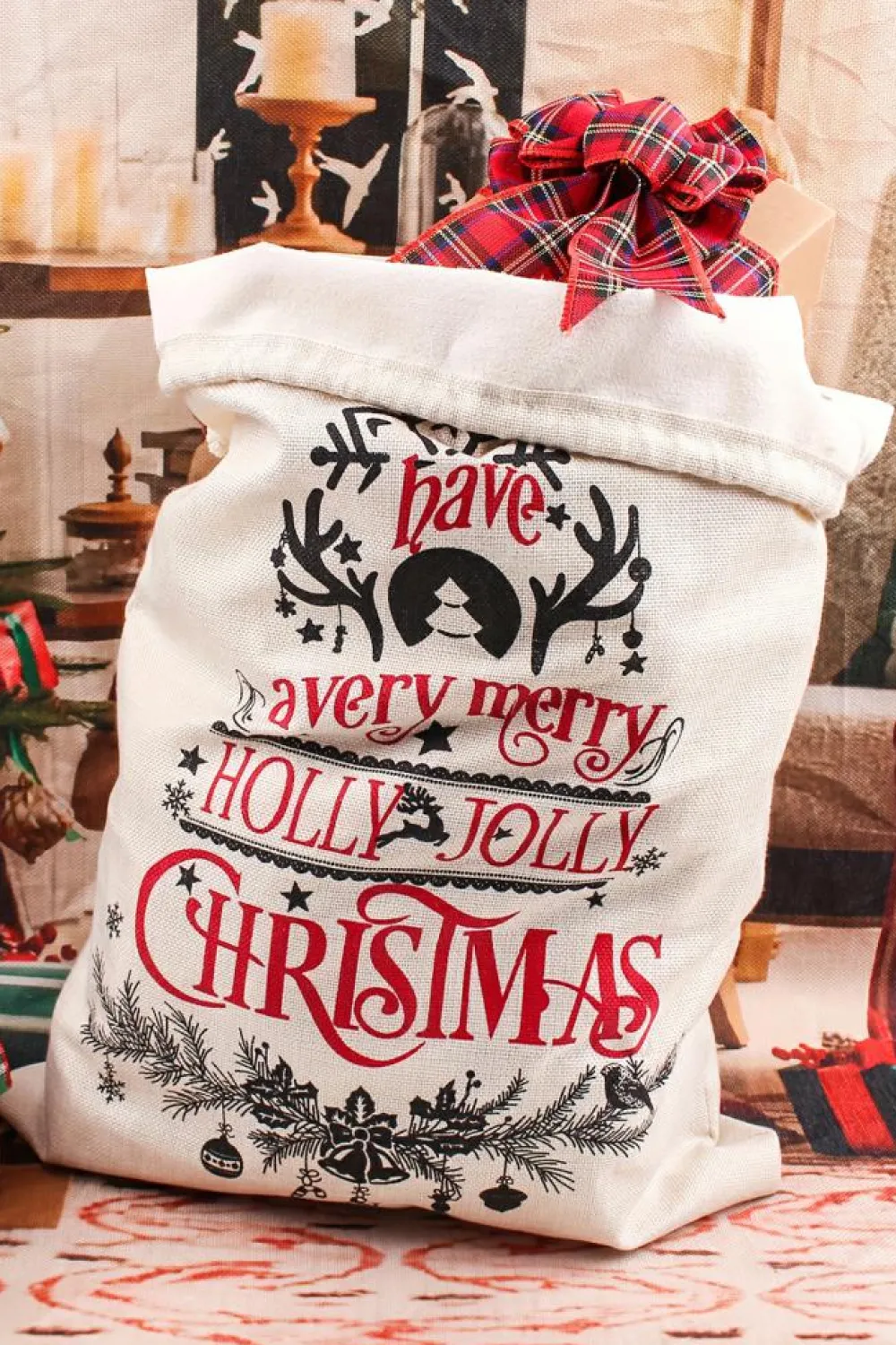 Clearance Dear-Lover Christmas Pattern Print Drawstring Large Gift Sack White