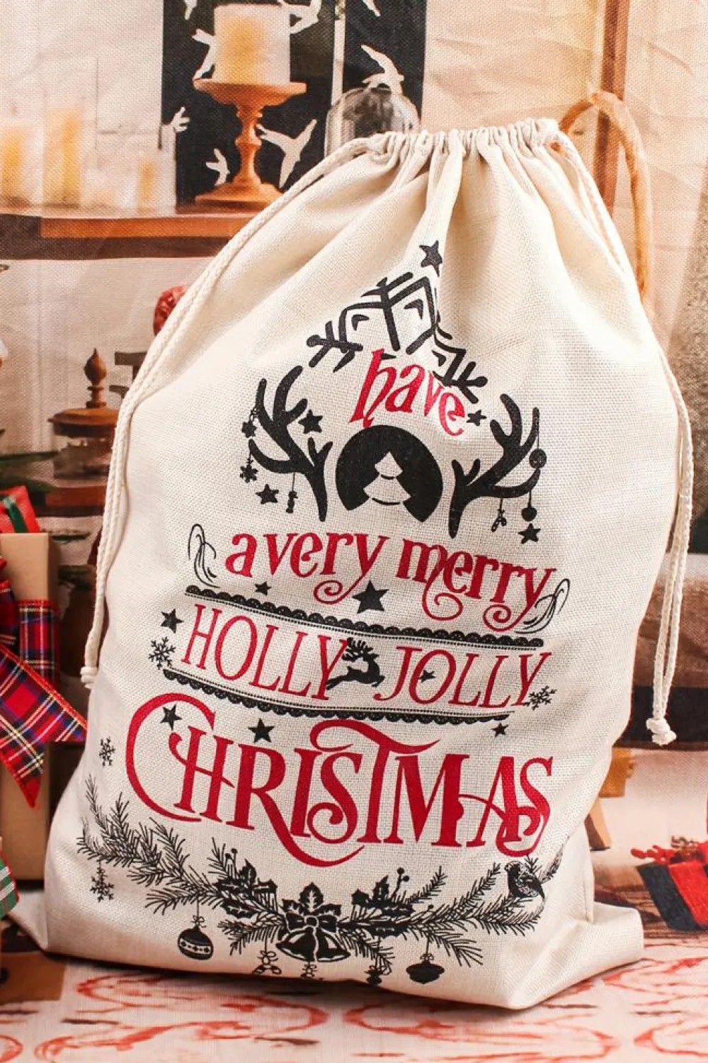 Clearance Dear-Lover Christmas Pattern Print Drawstring Large Gift Sack White