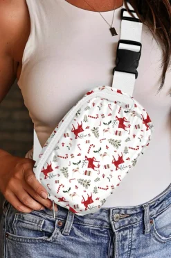 New Dear-Lover Christmas Pattern Print Buckle Wide Strap Crossbody Bag White