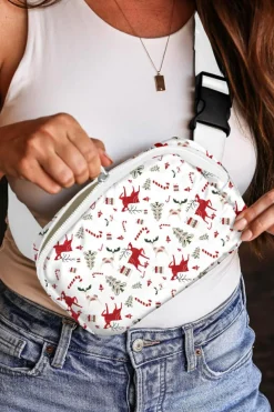 New Dear-Lover Christmas Pattern Print Buckle Wide Strap Crossbody Bag White