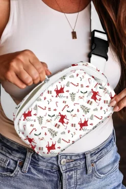 New Dear-Lover Christmas Pattern Print Buckle Wide Strap Crossbody Bag White