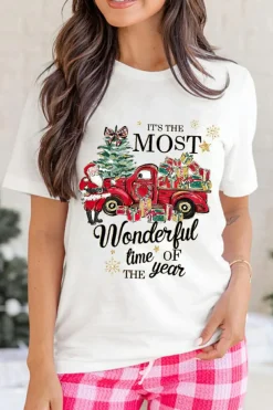 Discount Dear-Lover Christmas Pattern Slogan Print Crew Neck T Shirt White