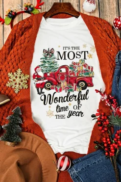 Discount Dear-Lover Christmas Pattern Slogan Print Crew Neck T Shirt White
