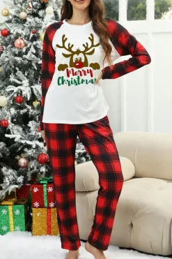 Hot Dear-Lover Christmas Plaid Reindeer Graphic Long Sleeve Lounge Set White