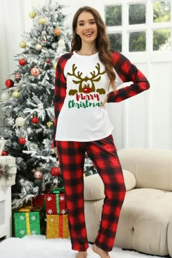 Hot Dear-Lover Christmas Plaid Reindeer Graphic Long Sleeve Lounge Set White
