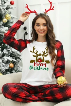 Hot Dear-Lover Christmas Plaid Reindeer Graphic Long Sleeve Lounge Set White