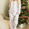 Outlet Dear-Lover Christmas Print Lapel Shirt and Pants Sleepwear White