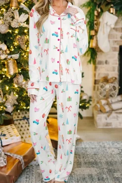 Outlet Dear-Lover Christmas Print Lapel Shirt and Pants Sleepwear White