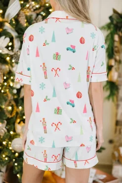 Best Dear-Lover Christmas Print Short Sleeve Shirt and Shorts Pajama Set White