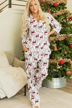 Sale Dear-Lover Christmas Printed Shirt and Pants Pajama Set White