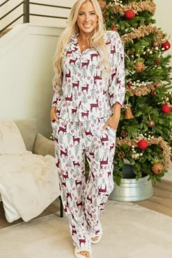 Sale Dear-Lover Christmas Printed Shirt and Pants Pajama Set White
