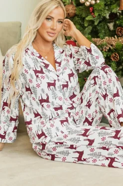 Sale Dear-Lover Christmas Printed Shirt and Pants Pajama Set White