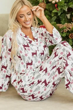 Sale Dear-Lover Christmas Printed Shirt and Pants Pajama Set White